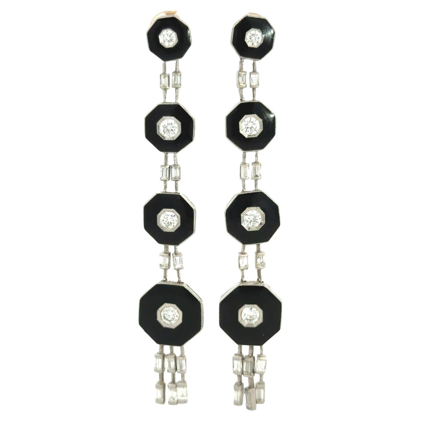 Art Deco Style Platinum Onyx Diamond Long Dangle Earring For Sale