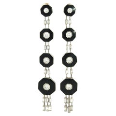 Art Deco Style Platinum Onyx Diamond Long Dangle Earring