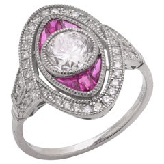 Zaffiro rosa in platino in stile Art Deco e 1,12 carati. Anello con diamante a forma di marquise