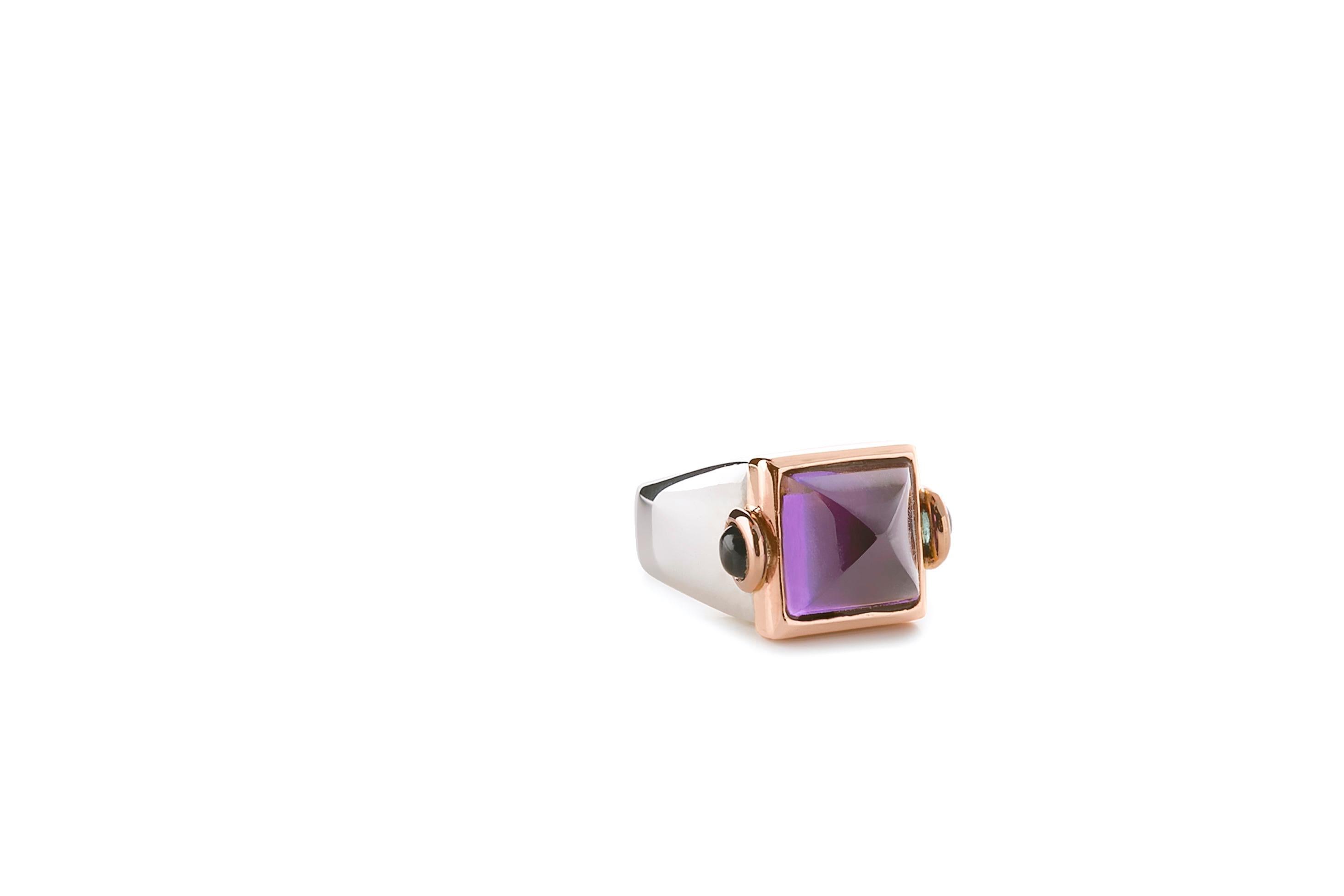 Women's or Men's Rossella Ugolini Platinum 18K Gold Amethyst Tourmaline Italian Design Ring For Sale