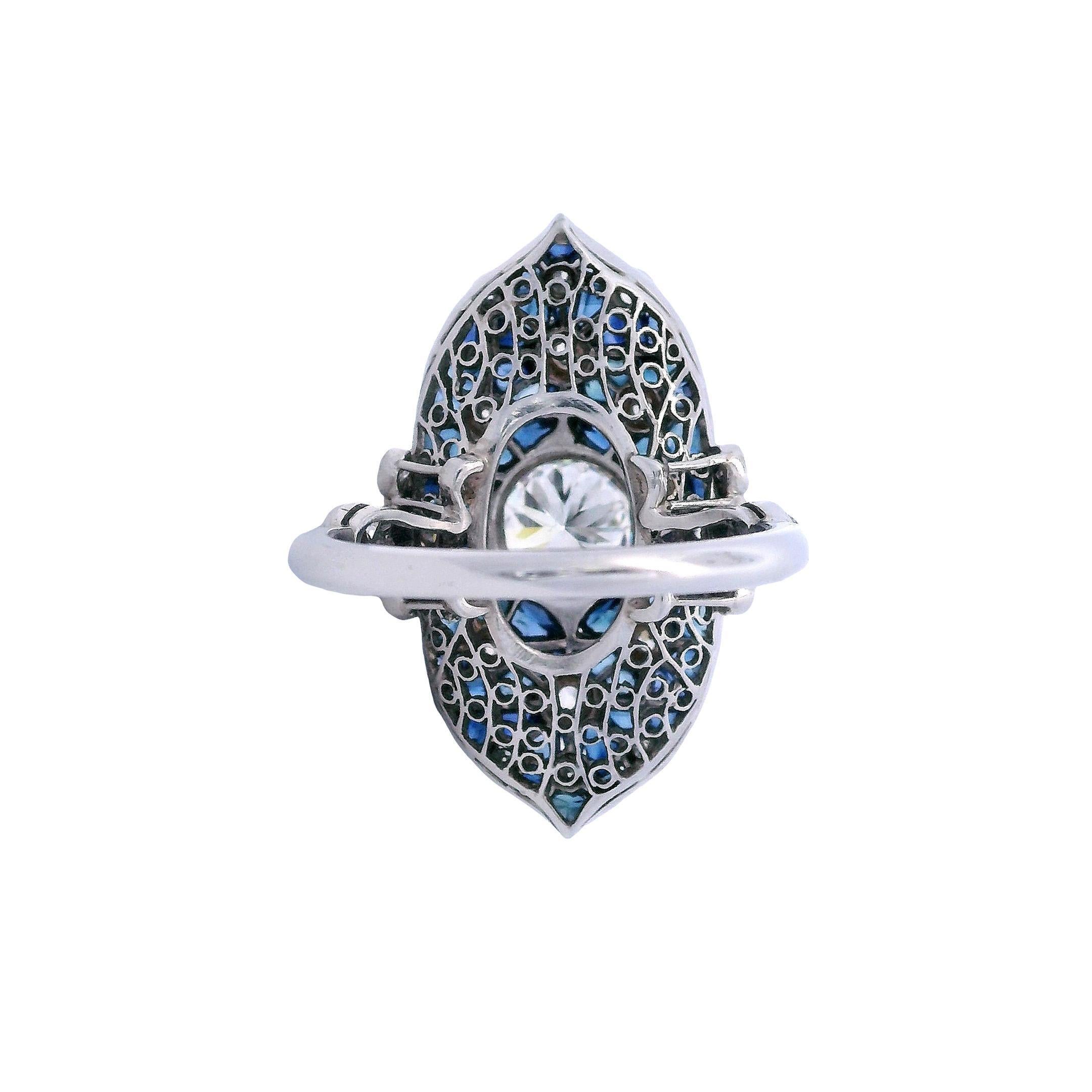 Bague en platine de style Art déco avec 3,90 CTW en diamants et saphirs en vente 1