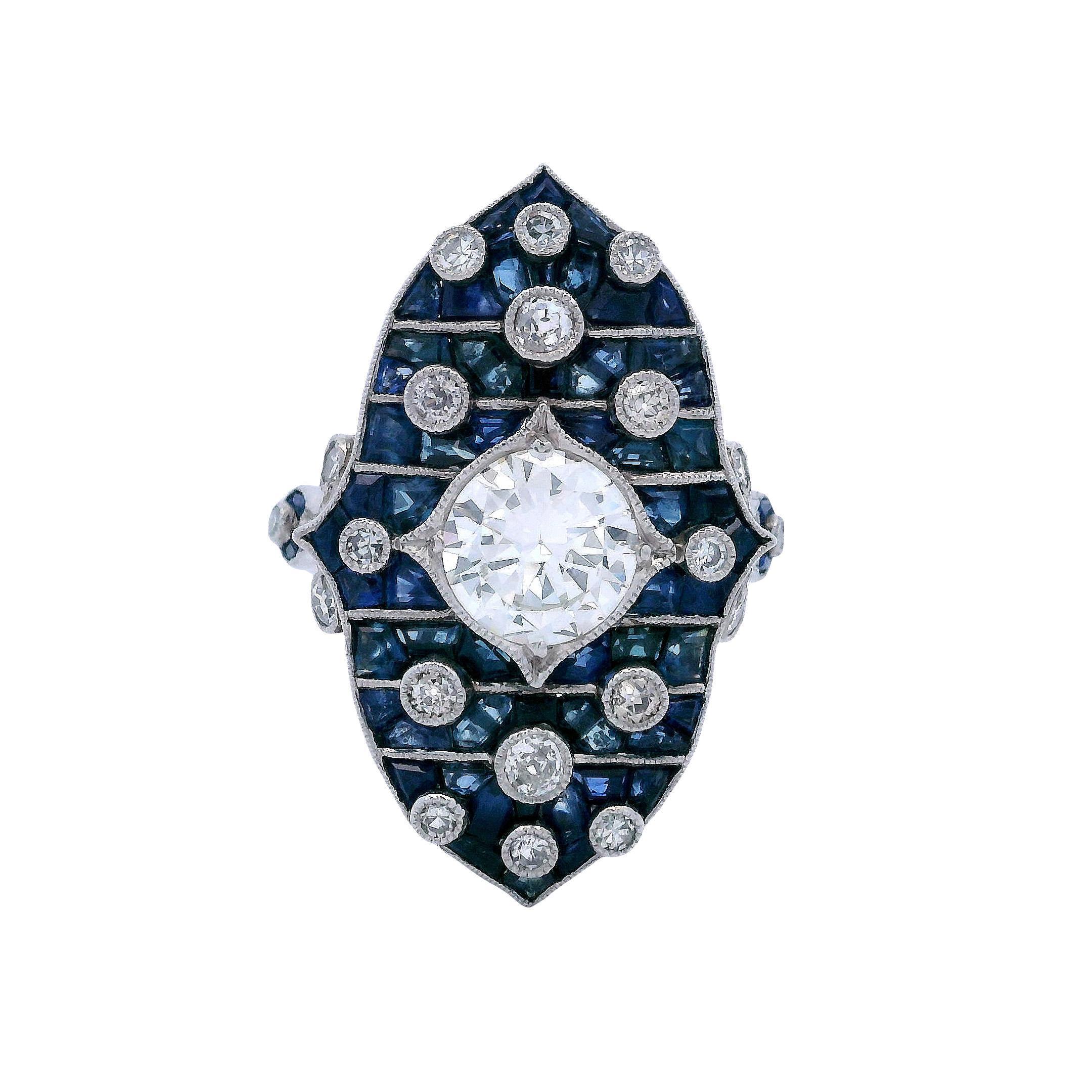 Bague en platine de style Art déco avec 3,90 CTW en diamants et saphirs en vente