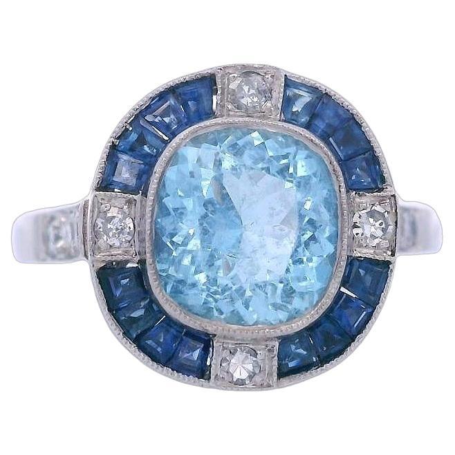 Art Deco style Platinum Ring with Aquamarine, Blue Sapphires and Diamonds