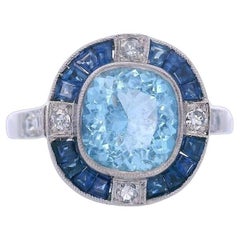 Art Deco style Platinum Ring with Aquamarine, Blue Sapphires and Diamonds