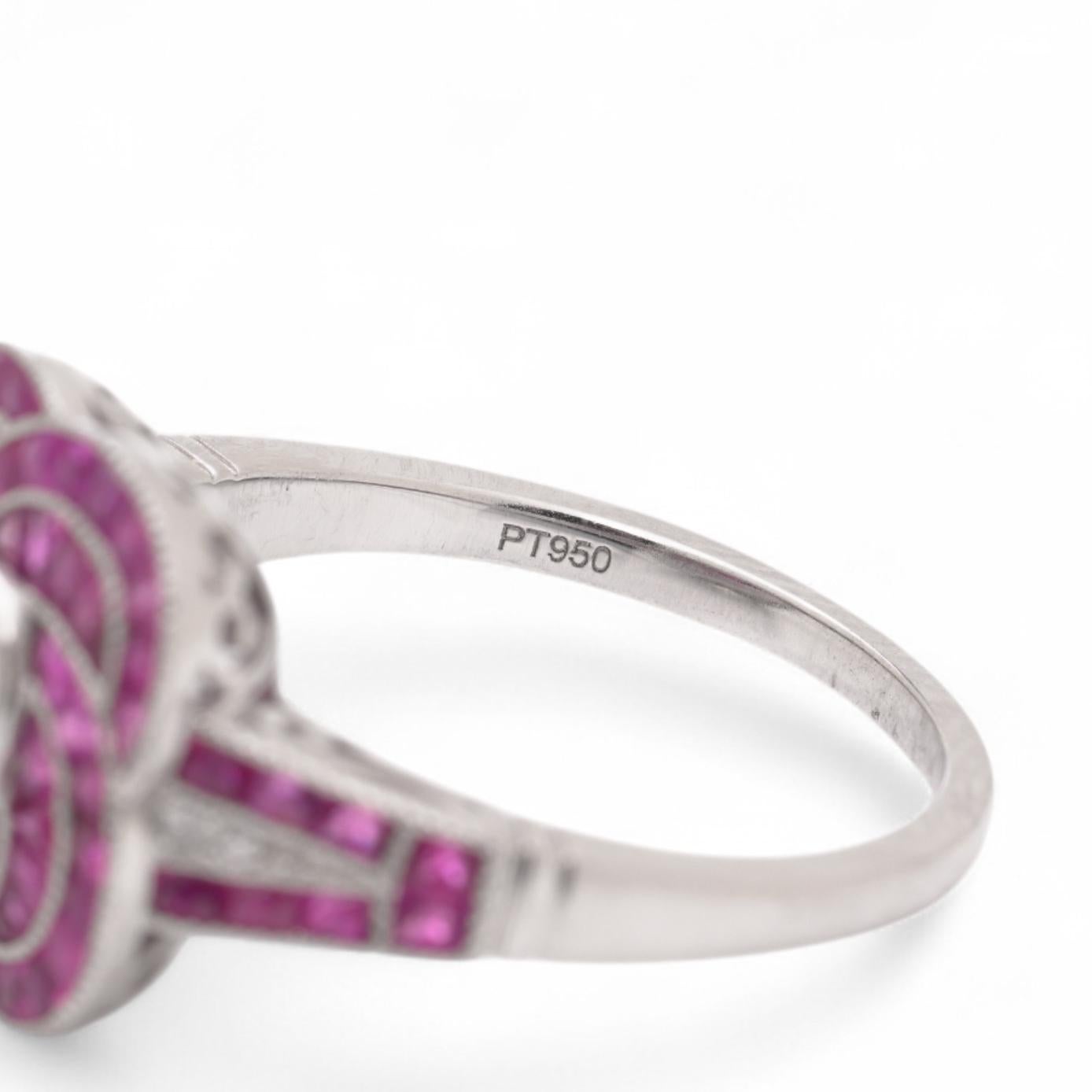 Anello in platino in stile Art Deco con rubino naturale e diamante in vendita 1