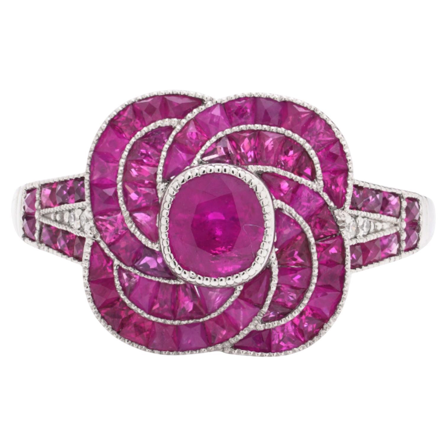 Anello in platino in stile Art Deco con rubino naturale e diamante in vendita
