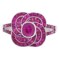 Art Deco Style Platinum Ring with natural ruby and diamond