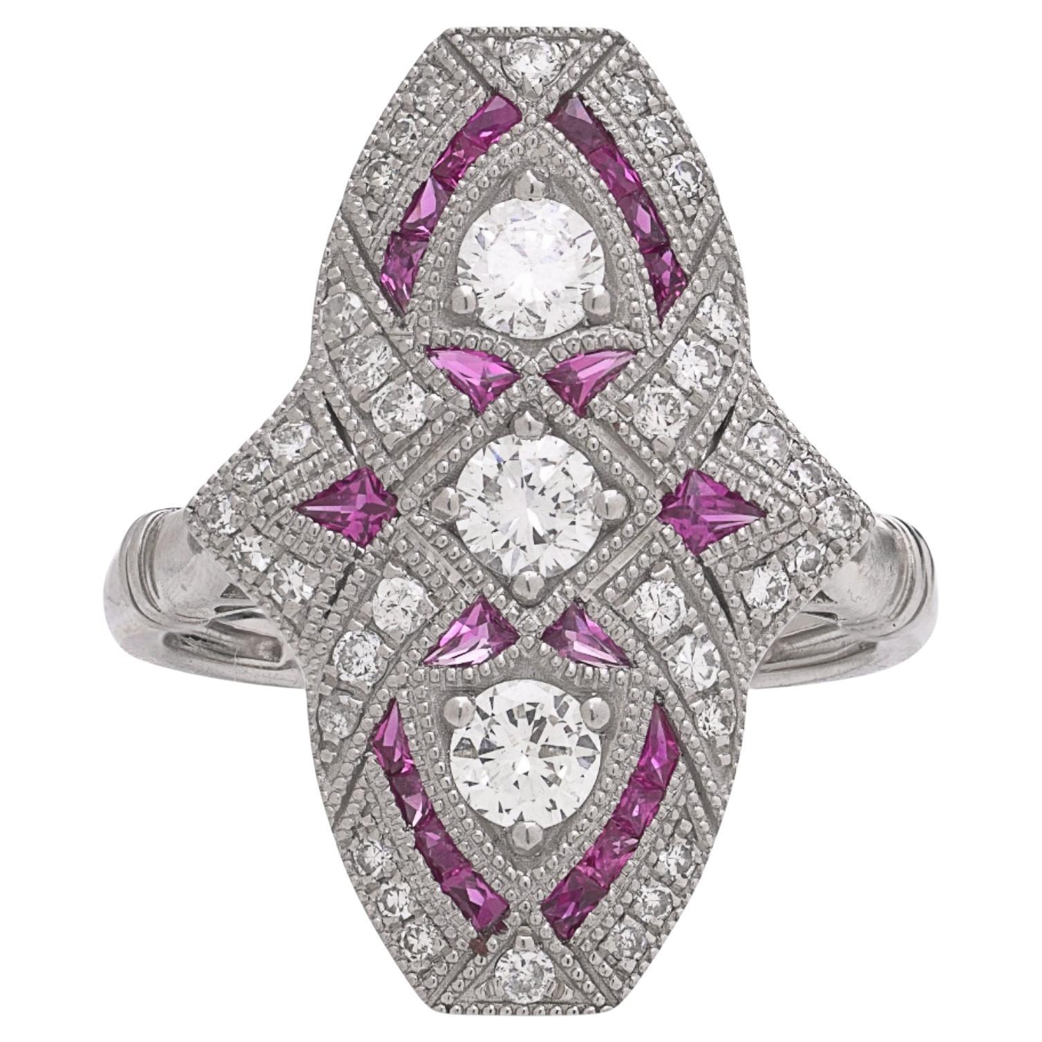 Art Deco Style Platinum Ruby and Diamond Cluster Ring