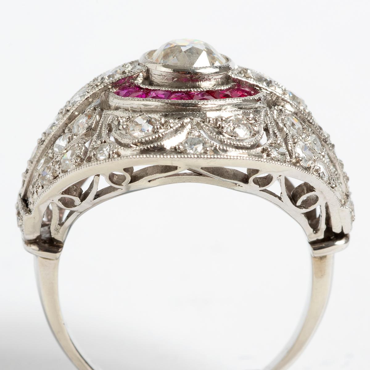 Mixed Cut 'Art Deco Style' Platinum & Ruby Cluster Ring. US Size 6. Statement Piece. For Sale