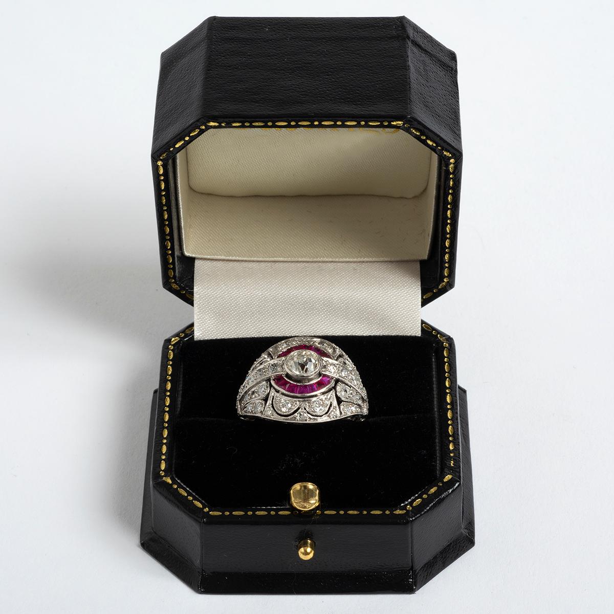 Women's or Men's 'Art Deco Style' Platinum & Ruby Cluster Ring. US Size 6. Statement Piece. For Sale