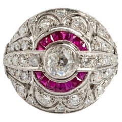 'Art Deco Style' Platinum & Ruby Cluster Ring. US Size 6. Statement Piece.