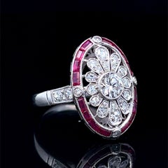 Art Deco Style Platinum, Ruby & Diamond Ring Circa 2000s
