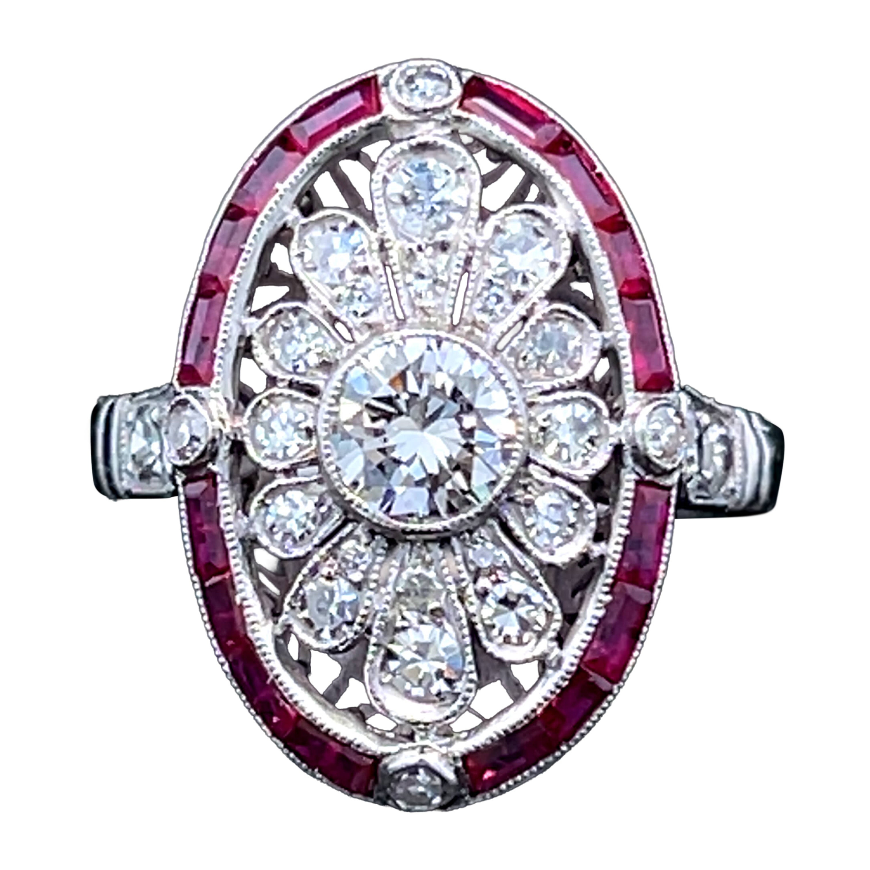 Art Deco Style Platinum, Ruby 
Diamond Ring Circa 2000s
