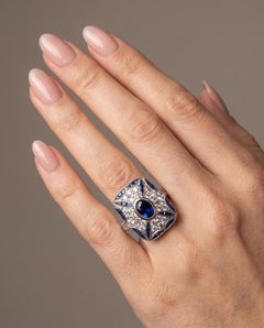 Art Deco Style Platinum Sapphire and Diamond Cushion Plaque Ring, 0.66 ct
