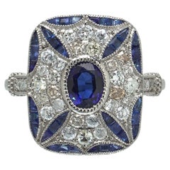 Art Deco Style Platinum Sapphire and Diamond Cushion Plaque Ring, 0.66 ct