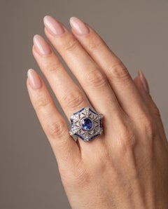 Art Deco Style Platinum Sapphire and Diamond Hexagonal Star Ring