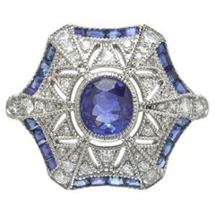 Art Deco Style Platinum Sapphire and Diamond Hexagonal Star Ring