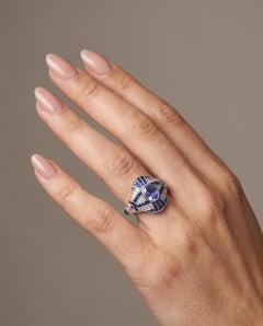 Art Deco Style Platinum Sapphire and Diamond Navette Ring, Banded Setting