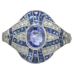 Art Deco Style Platinum Sapphire and Diamond Navette Ring, Banded Setting