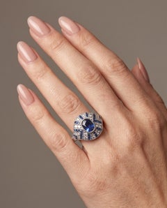 Art Deco Style Platinum Sapphire and Diamond Navette Ring, Rayed Setting