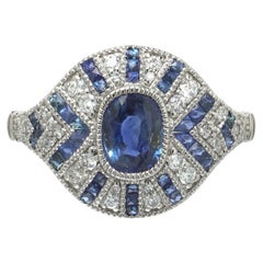 Art Deco Style Platinum Sapphire and Diamond Navette Ring, Rayed Setting