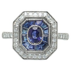 Art Deco Style Platinum Sapphire and Diamond Octagonal Target Ring