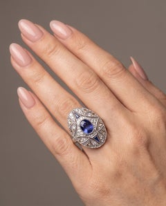 Art Deco Style Platinum Sapphire and Diamond Oval Plaque Ring, Champagne Accents