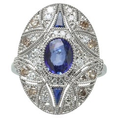 Art Deco Style Platinum Sapphire and Diamond Oval Plaque Ring, Champagne Accents