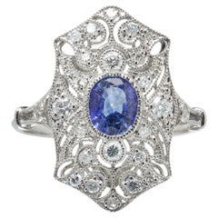 Art Deco Style Platinum Sapphire and Diamond Pierced Shield Ring