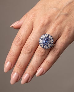 Art Deco Style Platinum Sapphire and Diamond Scalloped Cluster Ring