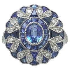 Art Deco Style Platinum Sapphire and Diamond Scalloped Cluster Ring