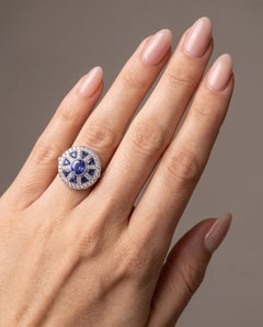 Art Deco Style Platinum Sapphire and Diamond Wheel Target Ring