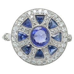 Art Deco Style Platinum Sapphire and Diamond Wheel Target Ring