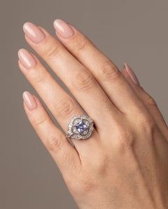 Art Deco Style Platinum Square Cut Sapphire and Diamond Quatrefoil Ring