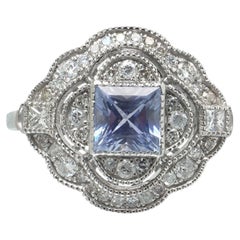 Art Deco Style Platinum Square Cut Sapphire and Diamond Quatrefoil Ring
