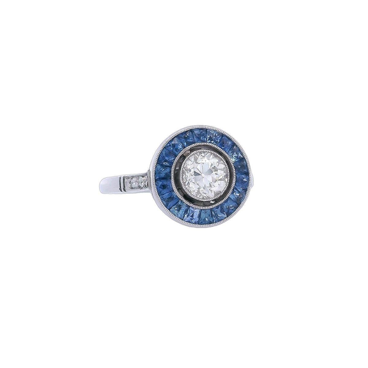 Art Déco Anello Target in platino in stile Art Deco con diamanti e zaffiri blu in vendita