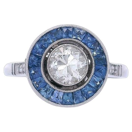Art Deco Style Platinum Target Ring with Diamonds and Blue Sapphires