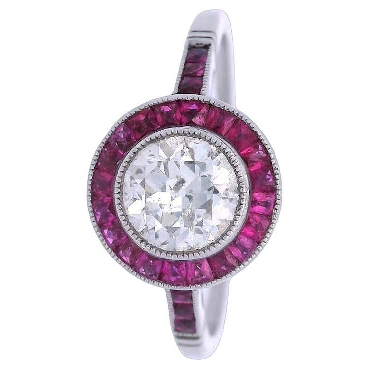 Art Deco Style Platinum Target Ring with Diamonds and Pink Sapphires