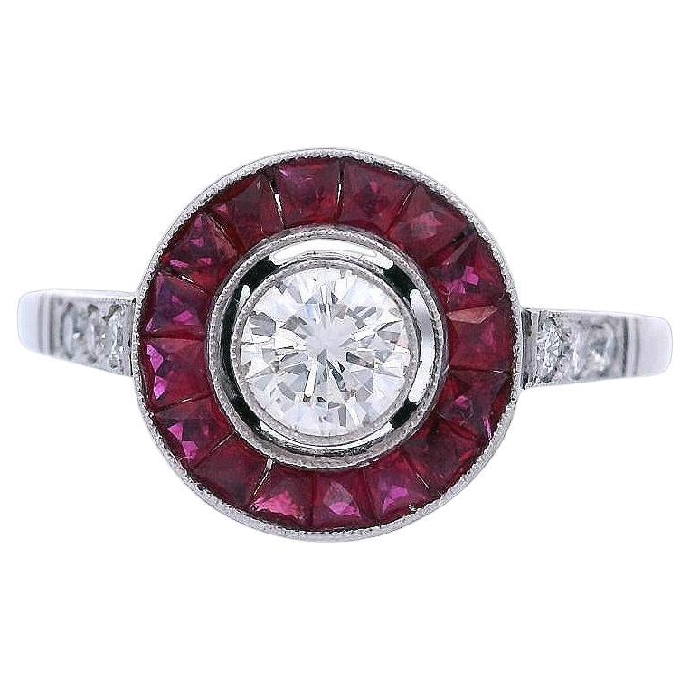 Art Deco Style Platinum Target Ring with Diamonds and Rubies