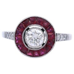 Art Deco Style Platinum Target Ring with Diamonds and Rubies