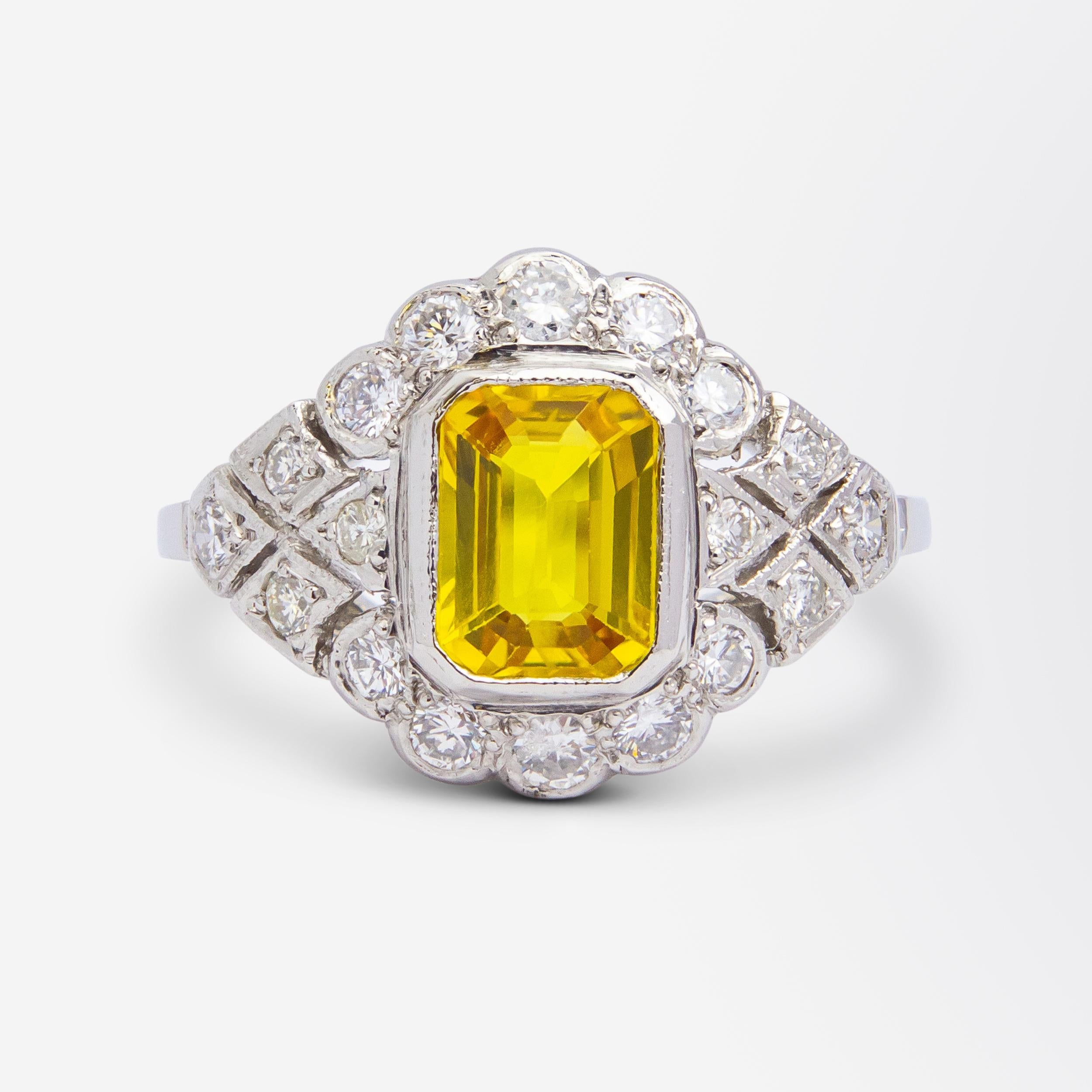 Brilliant Cut Art Deco Style, Platinum, Yellow Sapphire & Diamond Ring For Sale