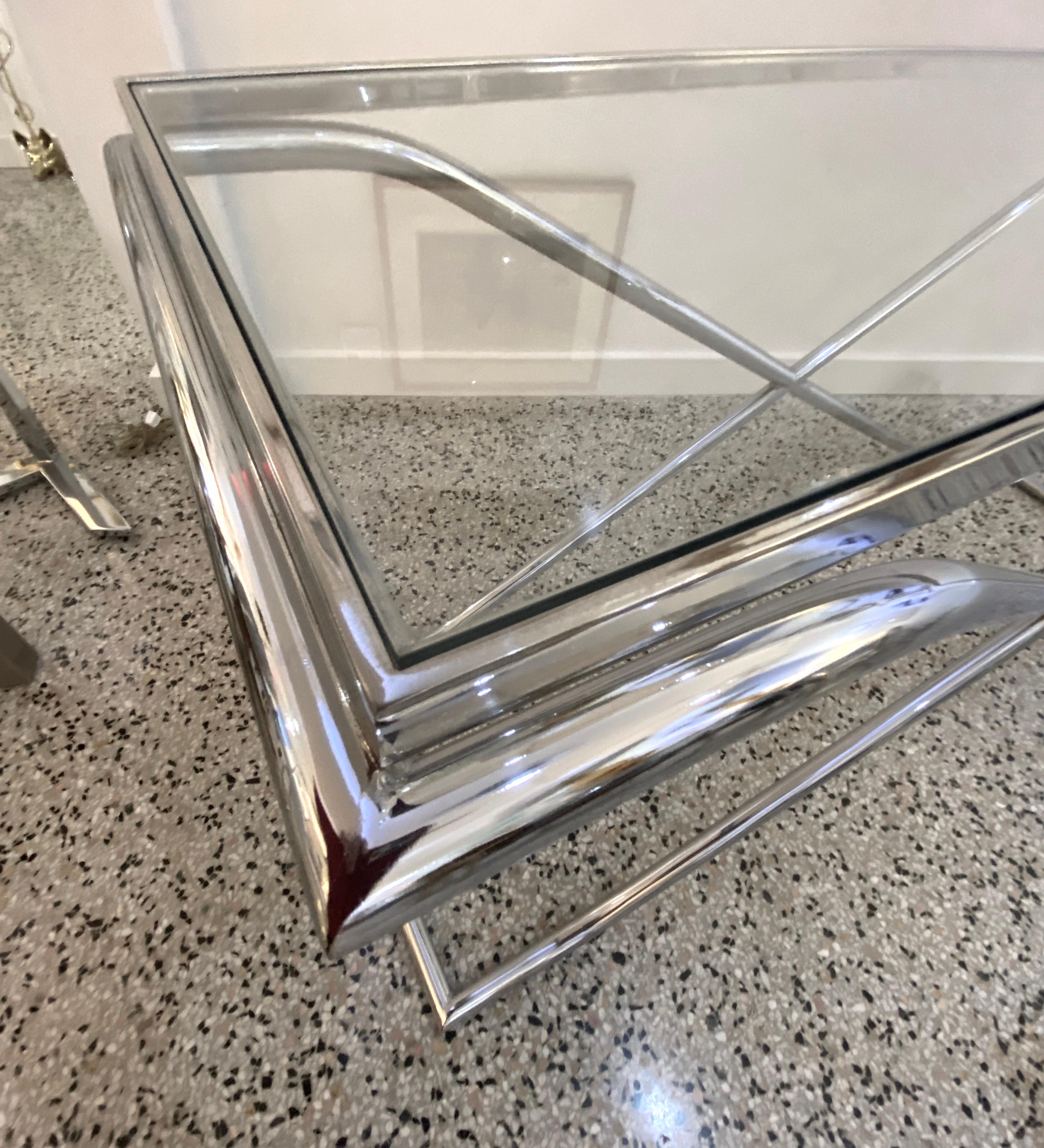 20th Century Art Deco Style Polished Chrome and Glass Console For Sale