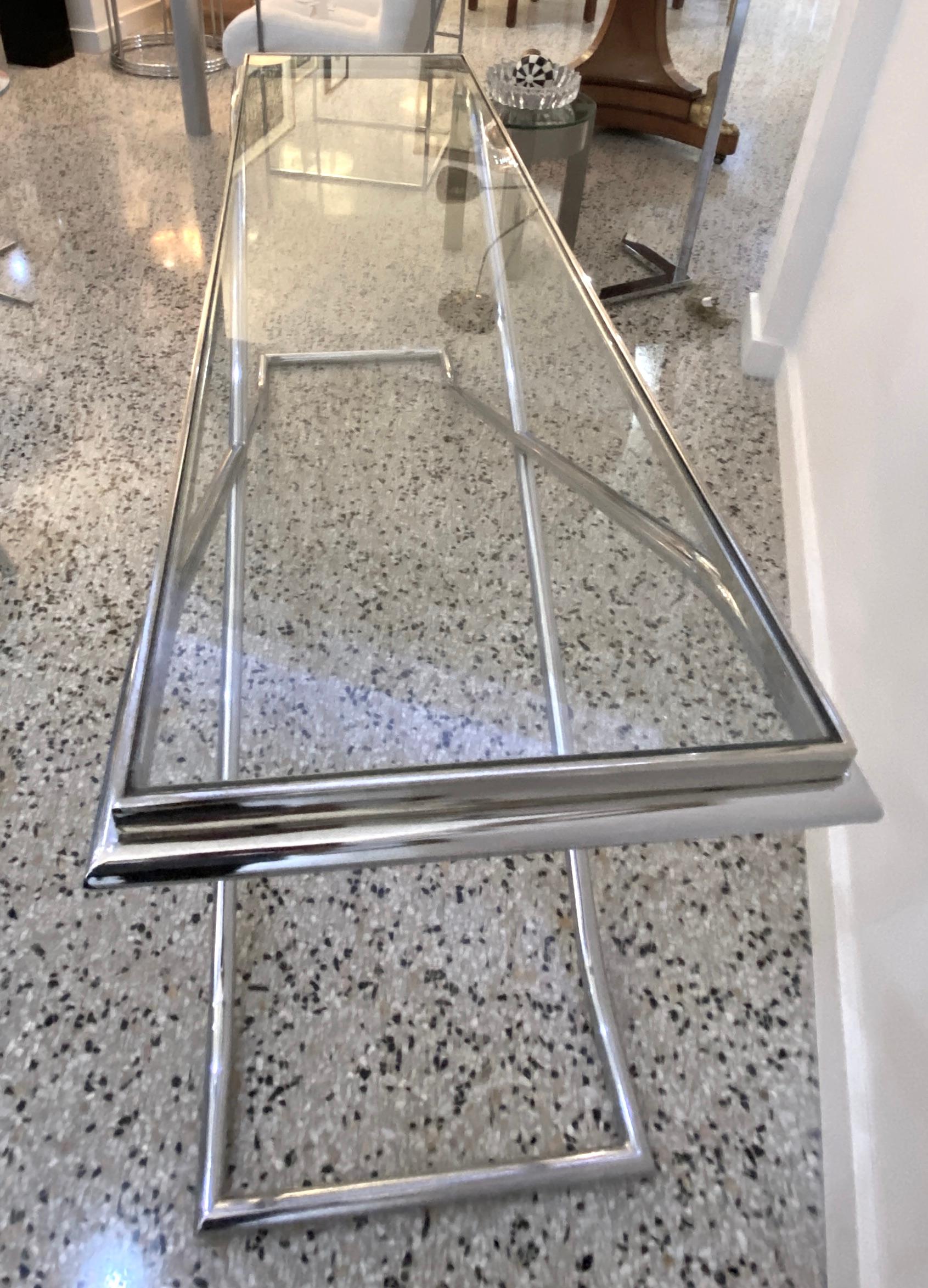 Art Deco Style Polished Chrome and Glass Console For Sale 3