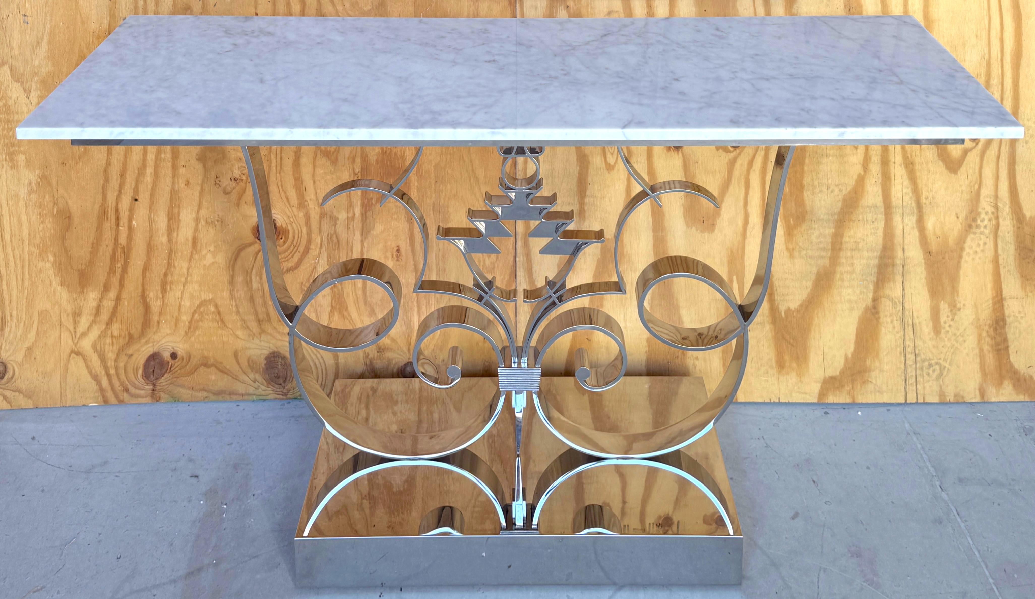 Art Deco Style Polished Chrome & Carrera Marble Console, Manner Raymond Subes, France, Late 20th Century 

A stunning Art Deco-style polished chrome and Carrera marble console, made in France in the late 20th century and designed in the manner of