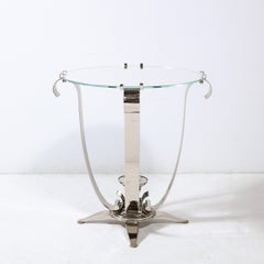 Art Deco Style Polished Nickel Side/End Table With A Round Mirror Top