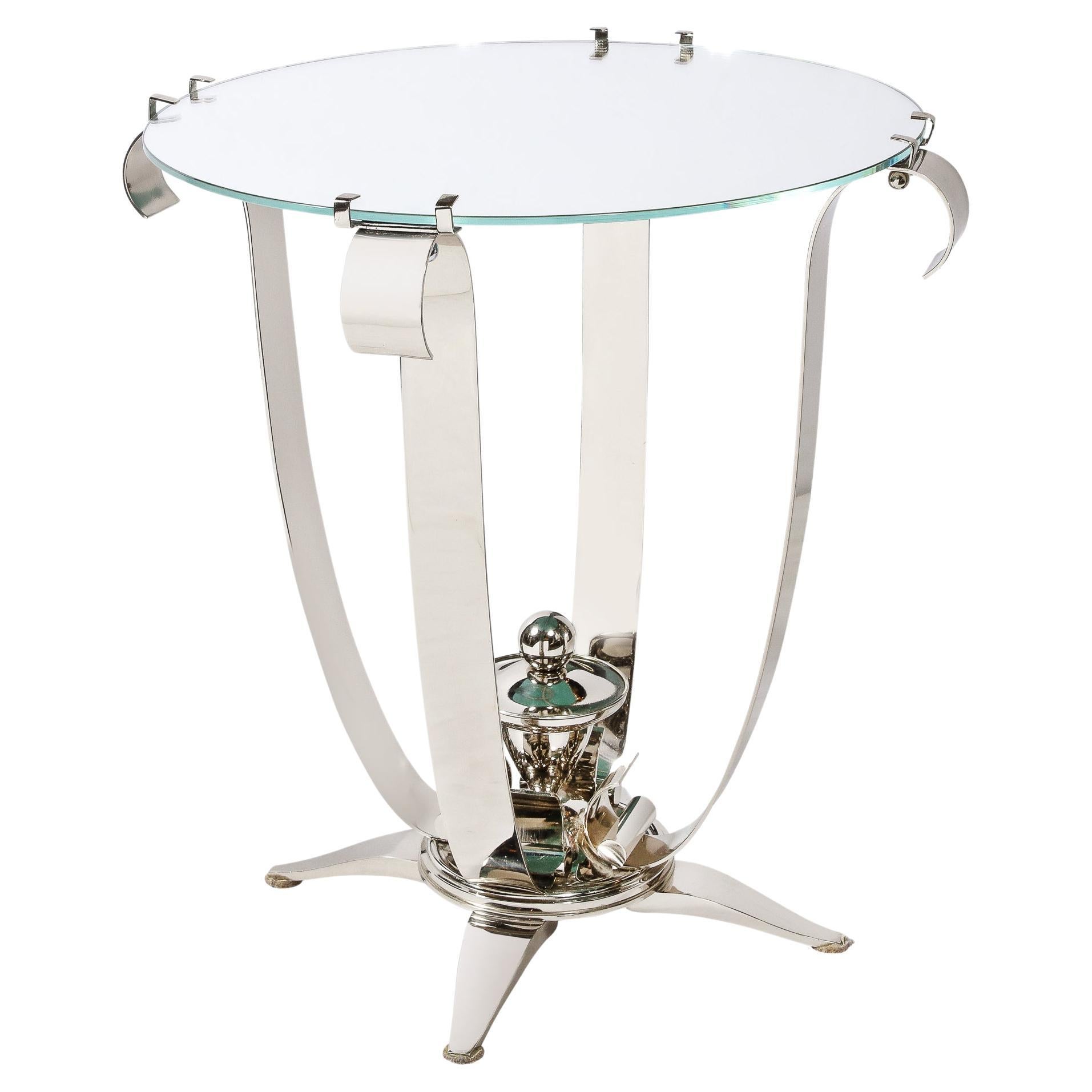 Art Deco Style Polished  Nickel Side/End Table With A Round Mirror Top