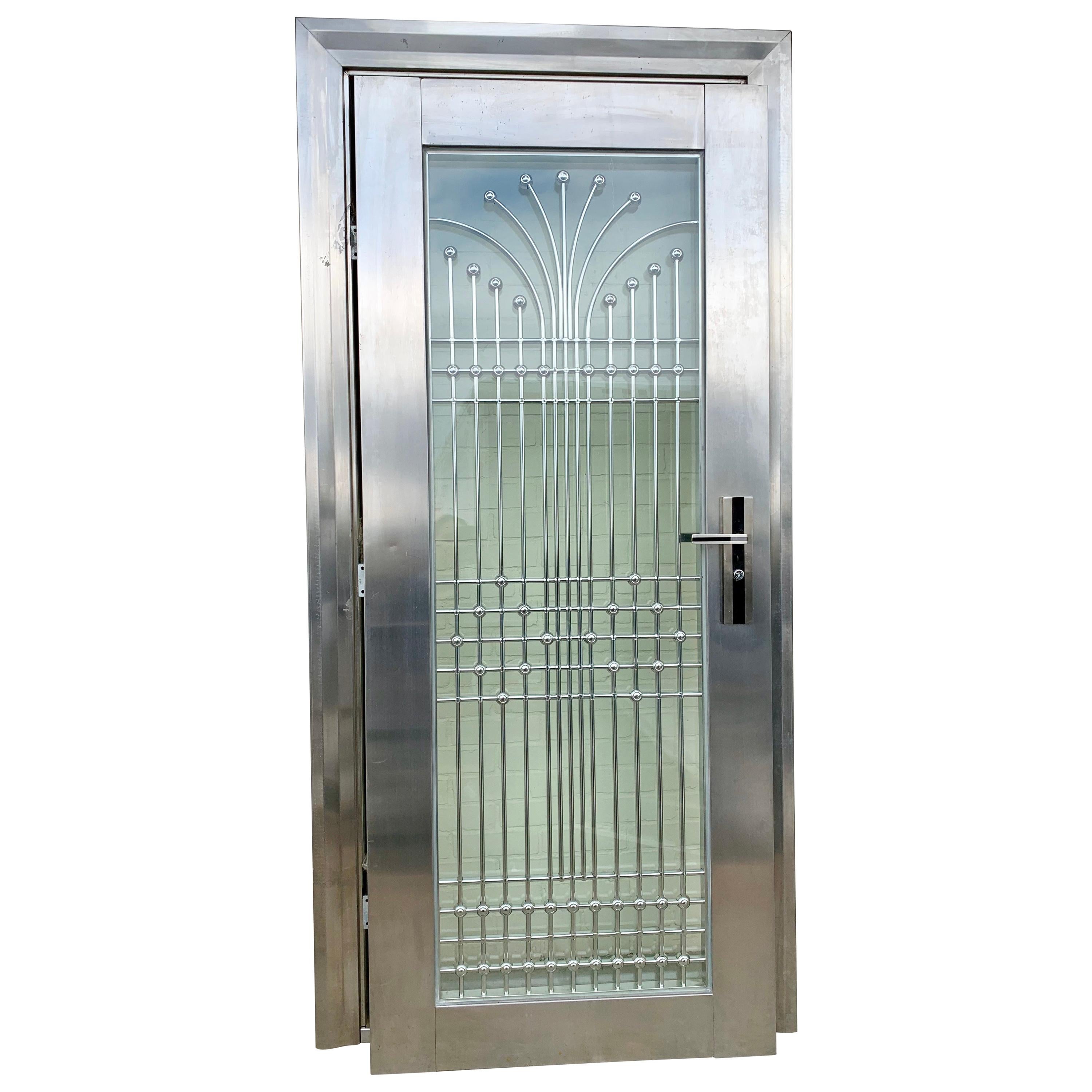 Art Deco Style Polished Steel Chrome and Laminated Glass Door One of a Kind