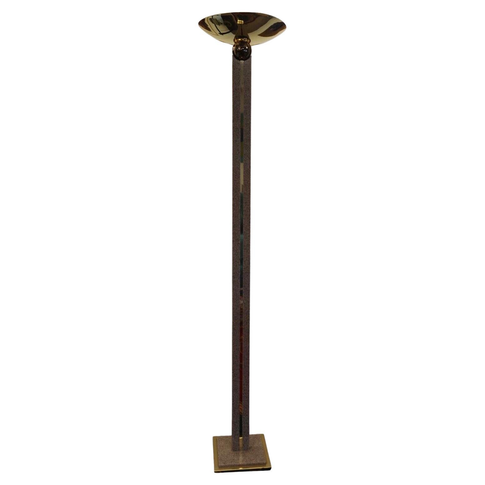 Art Deco Style Post Modern Brass and Neutral Toned Stone Torchiere Lamp For Sale