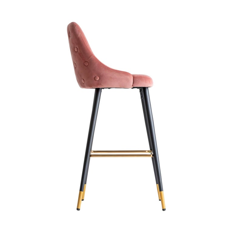 Art Deco style bar stool with a black lacquered metal feet with gilded metal finish and a comfortable powdery pink seat padded back. Elegant, aerial and poetic.