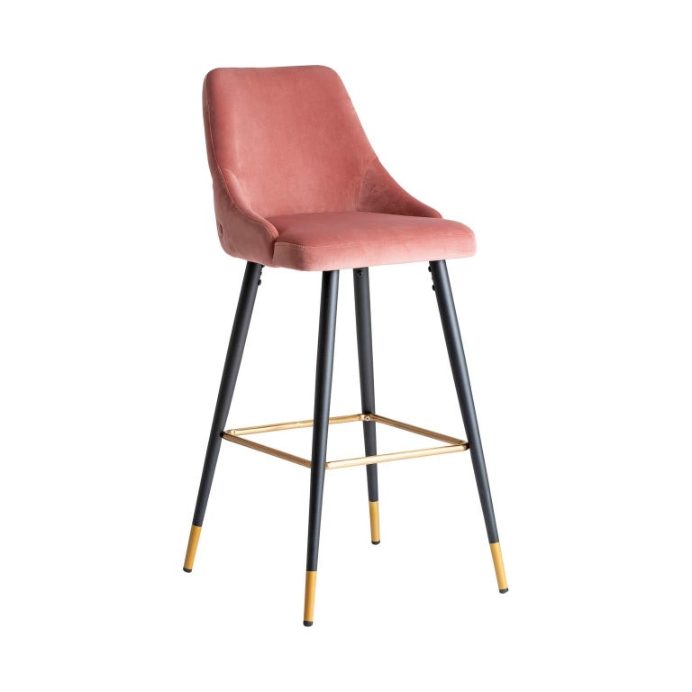 European Art Deco Style Powdery Pink Velvet and Black Lacquered Feet Metal Bar Stool For Sale